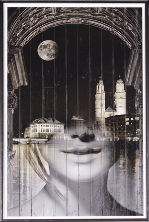 Zurich At Night wall art featuring a woman's face, moon, and Zurich skyline in black and white.
