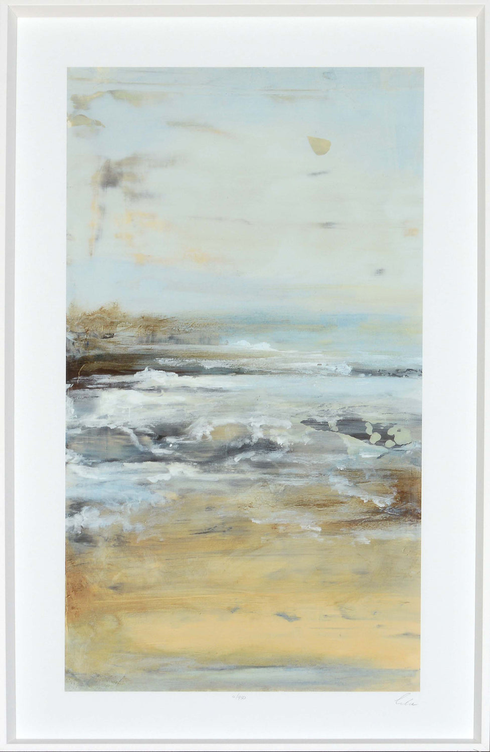 Just Be I – Limited Edition wall art featuring abstract ocean scene in soft blues and sandy tones.