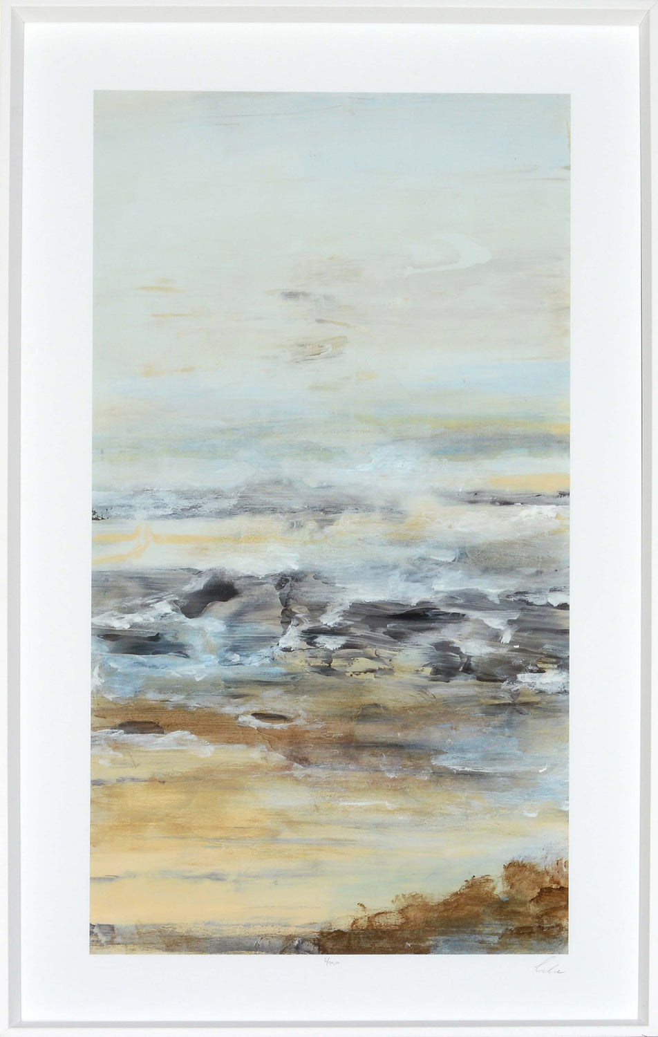 Just Be II – Limited Edition wall art featuring abstract ocean scene in soft blues and browns, framed in white.