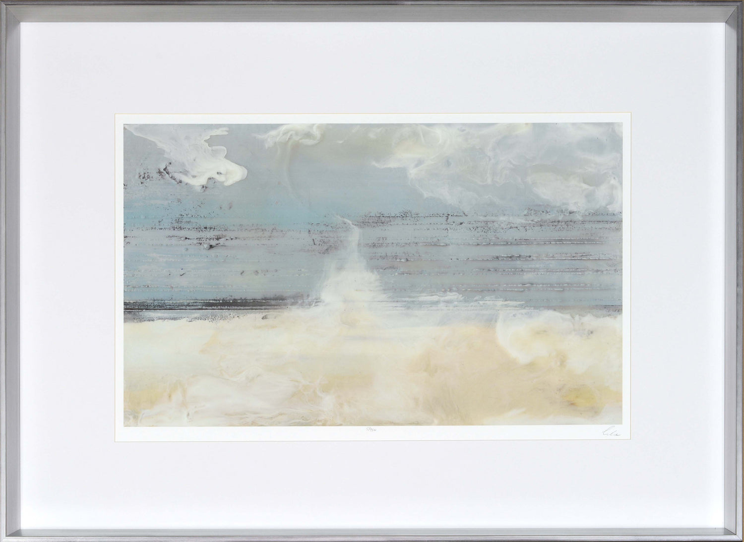 Pale Blue II – Limited Edition wall art featuring soft blue and beige abstract patterns in a silver frame.