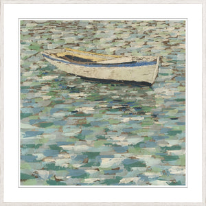 Meagher – On The Pond I wall art featuring a boat on shimmering water in soft blues and greens.