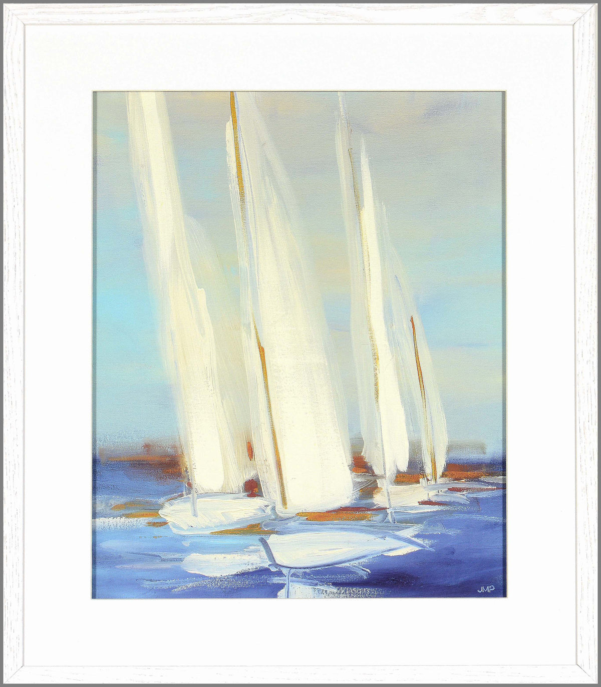 Summer Regatta II wall art featuring three white sailboats on blue water, framed in white.
