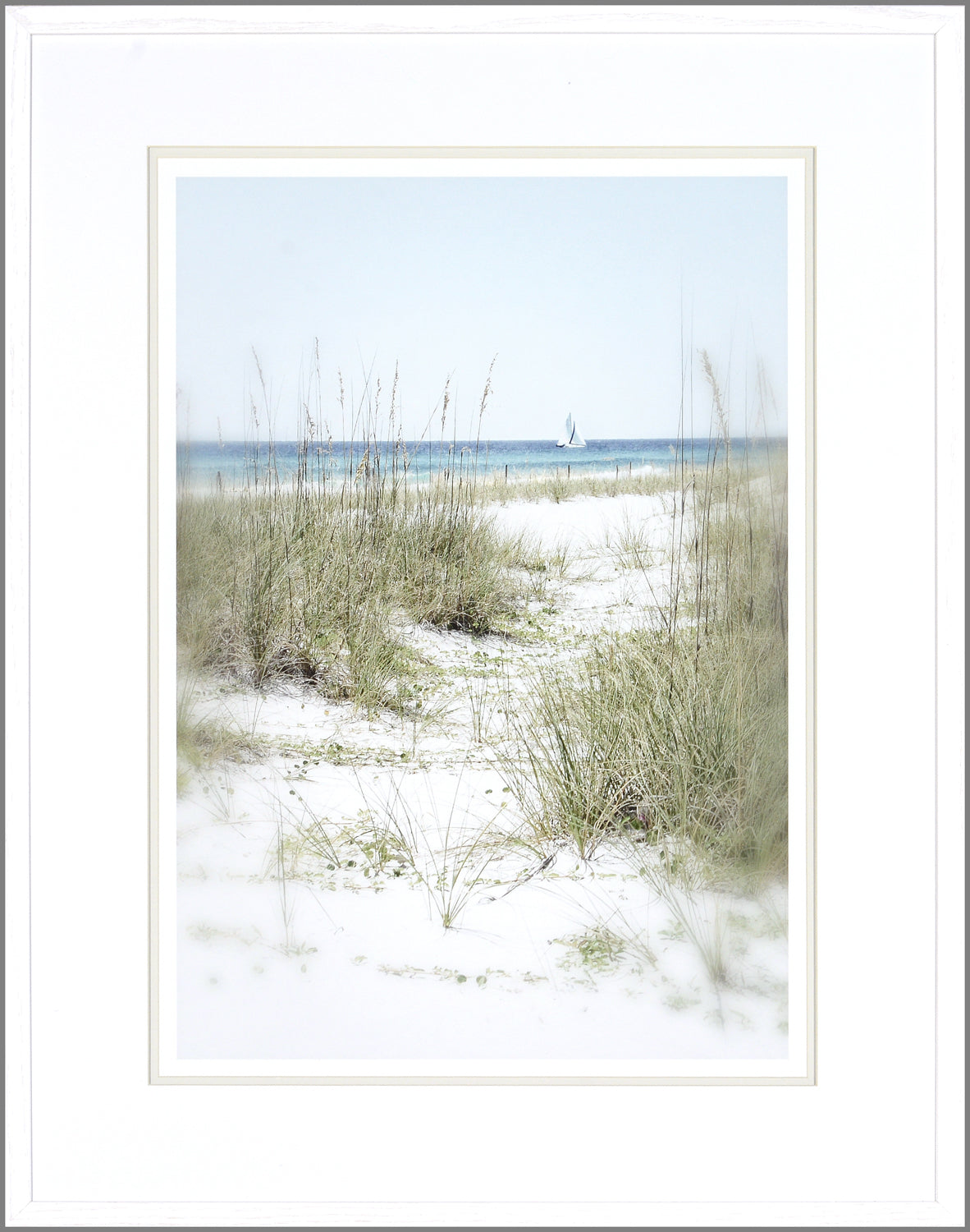 Dune Vista IV wall art featuring a serene beach scene with tall grass and a sailboat in the distance.