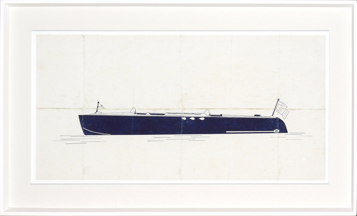 Runabout – Parchment wall art featuring a navy boat illustration on a textured light background.