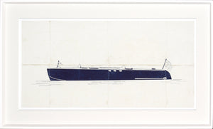 Runabout – Parchment wall art featuring a navy boat illustration on a textured light background.