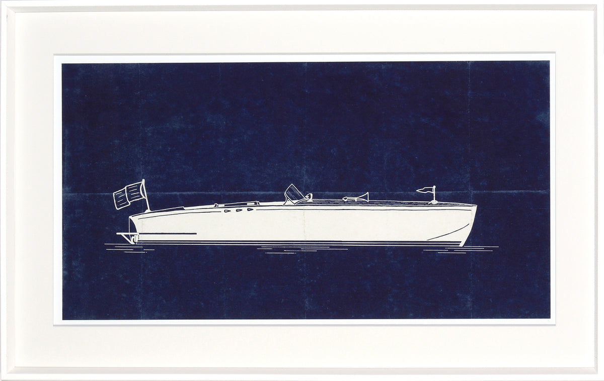 Runabout – Navy wall art featuring a white boat illustration on a dark blue background.