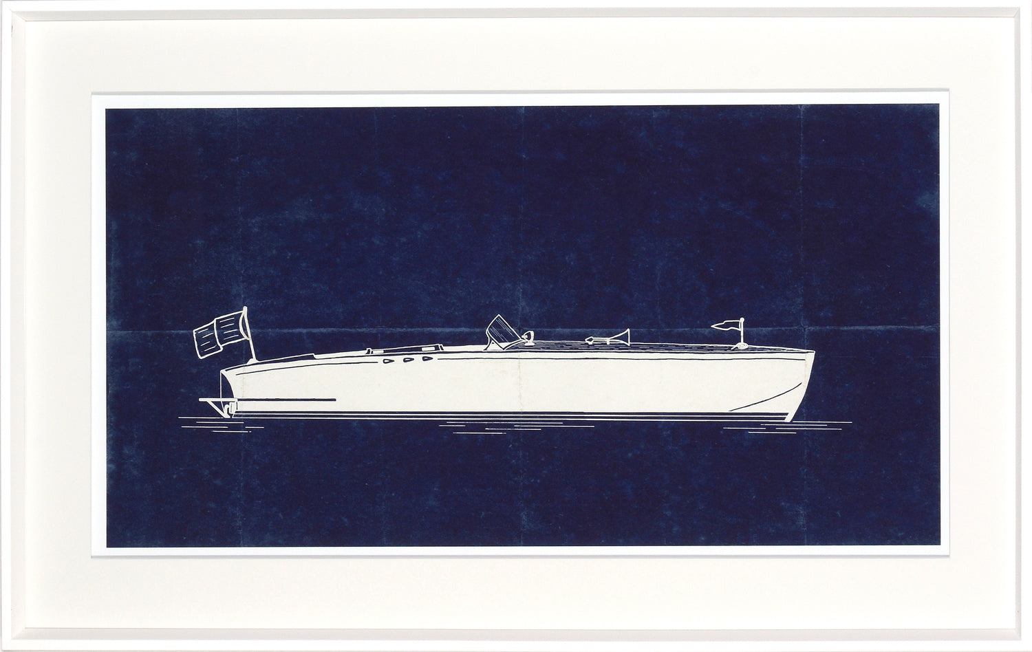 Runabout – Navy wall art featuring a white boat illustration on a dark blue background.