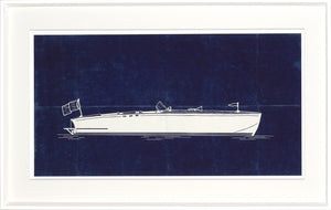 Runabout – Navy wall art featuring a white boat illustration on a dark blue background.