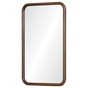 Dickens mirror by Renwil with a rectangular shape and rounded wooden frame in walnut finish.