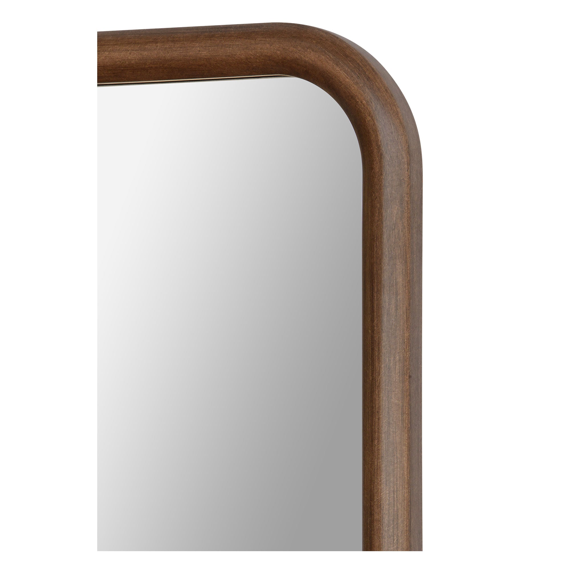 Close-up of Dickens mirror by Renwil featuring a rounded wooden frame in walnut finish.