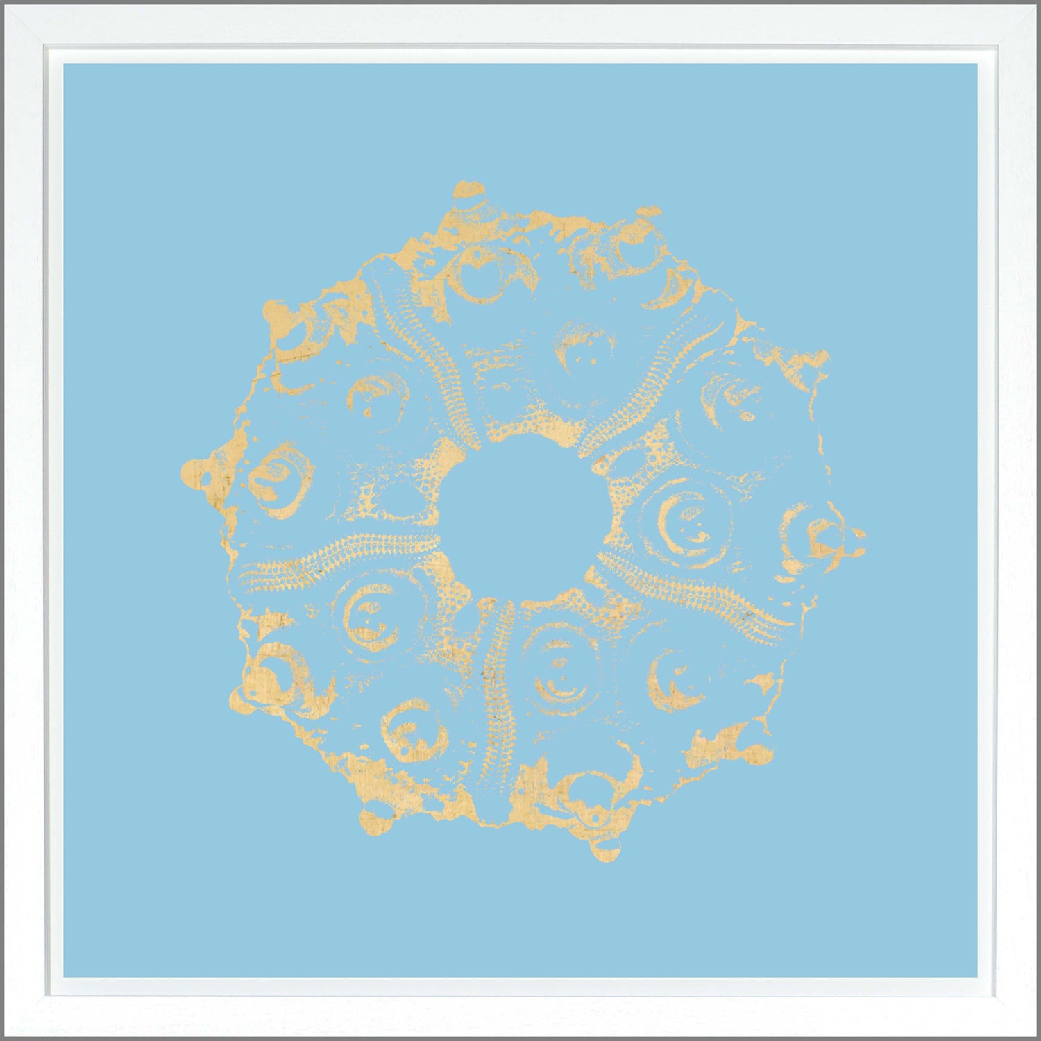 Sea Urchin wall art featuring a gold design on a light blue background