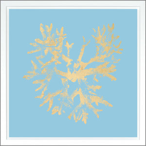 Coral wall art featuring gold coral design on a light blue background, framed in white.