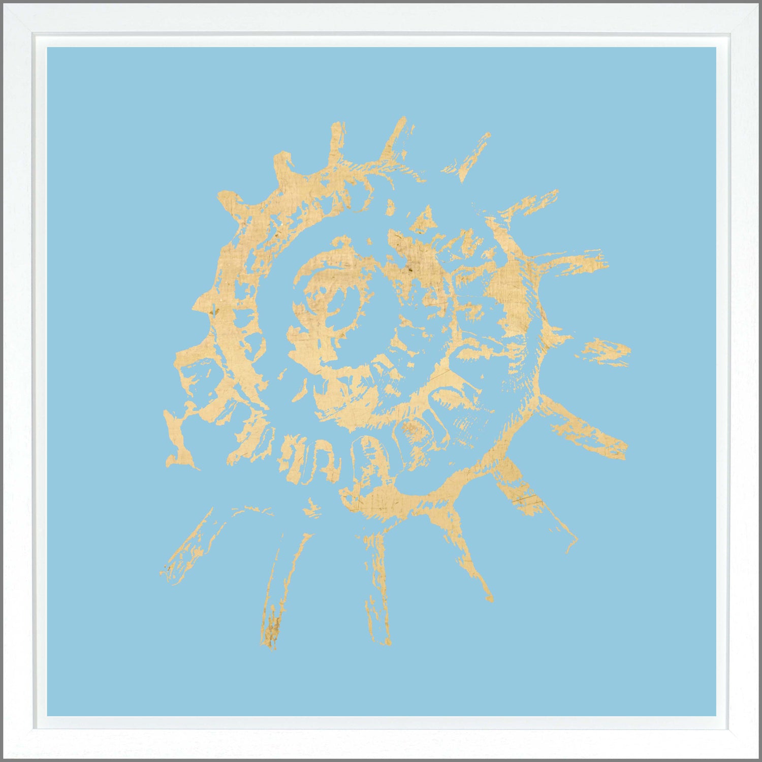 Spiral Shell wall art featuring a gold shell design on a light blue background