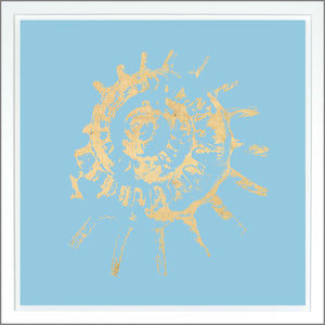 Spiral Shell wall art featuring a gold shell design on a light blue background