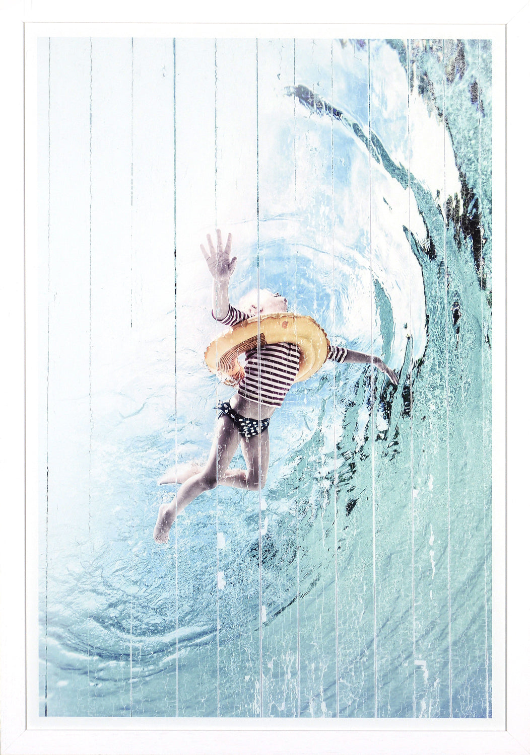 Float wall art featuring a child swimming underwater with a life ring, in a light blue color palette.
