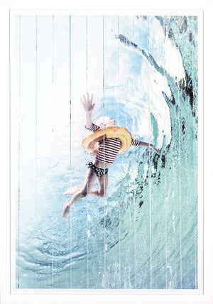 Float wall art featuring a child swimming underwater with a life ring, in a light blue color palette.
