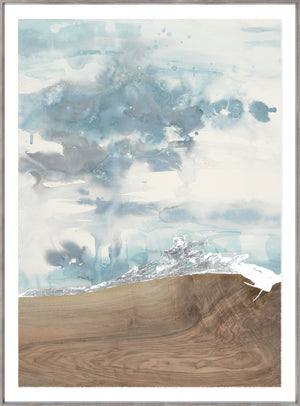 Land & Sky I wall art featuring abstract blue and gray watercolor with wood texture