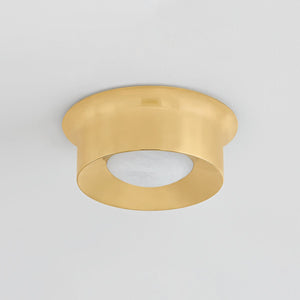 Noxon Flush Mount 13.75" in aged brass shown from the front to reveal the shade profile and mounting canopy.