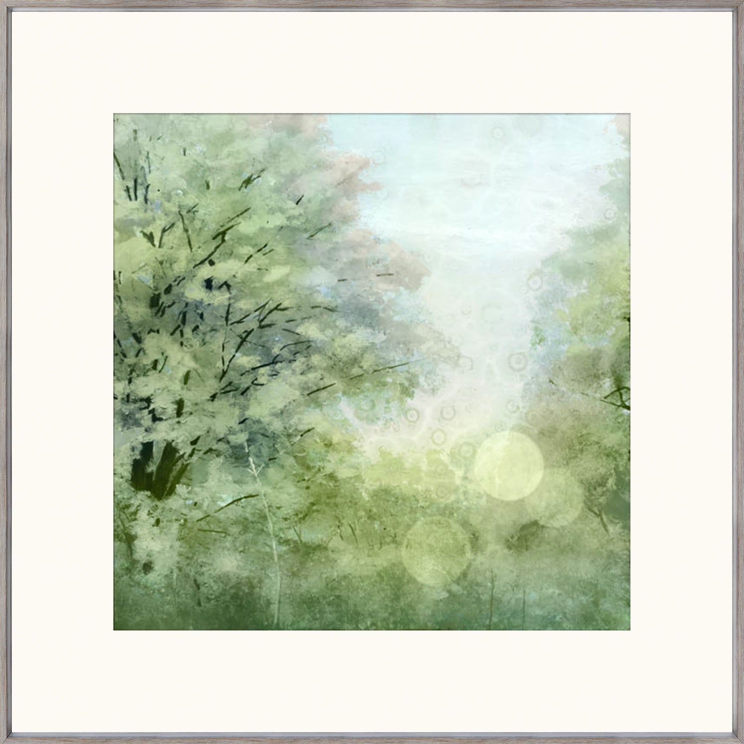Pasture I wall art featuring soft green and blue abstract landscape with trees and light effects.