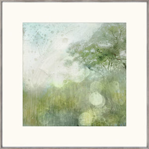 Pasture II wall art featuring soft green and blue abstract landscape with tree details.