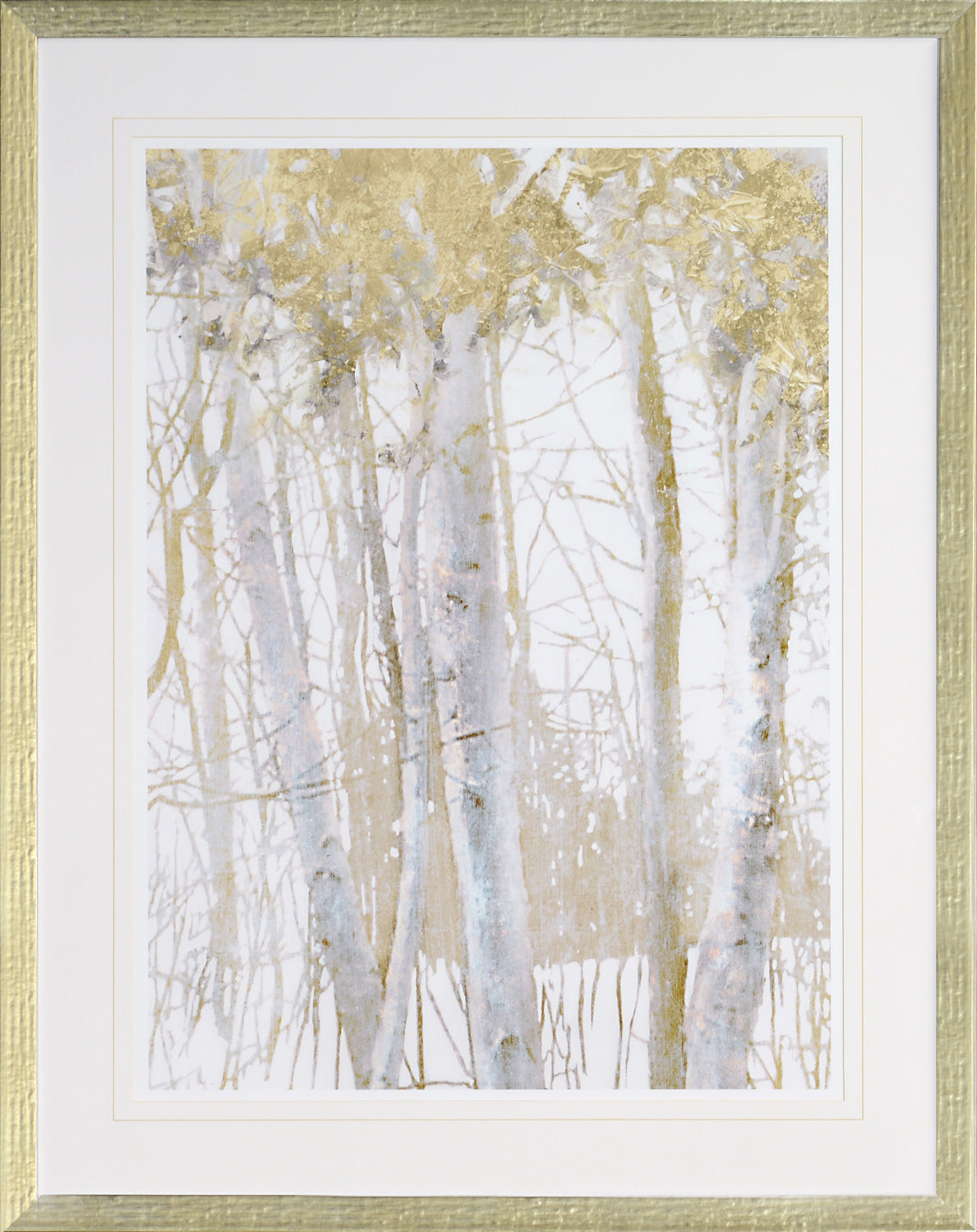 Gift Trees wall art featuring delicate trees with gold accents on a light background.