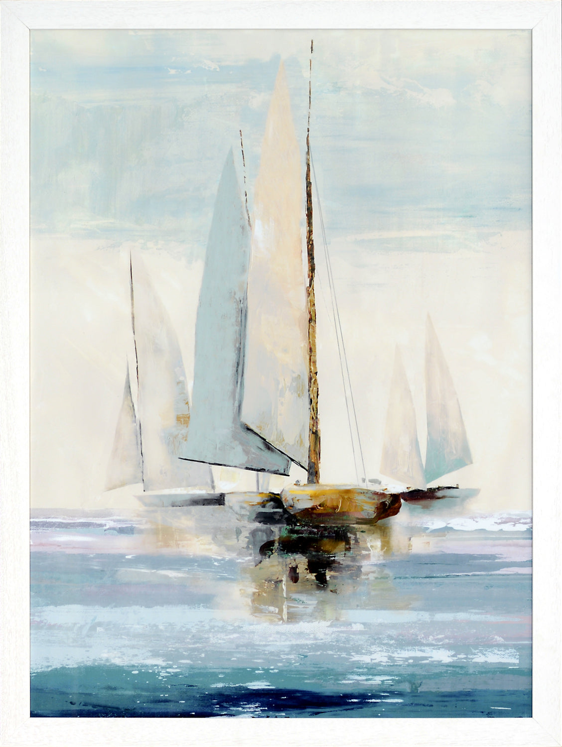 Quiet Boats I wall art featuring sailboats in soft blue and white tones on water.