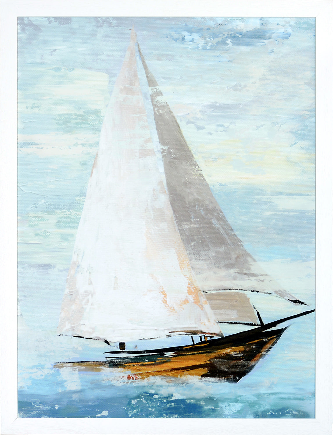 Quiet Boats II wall art featuring a sailboat with white sails against a blue sky.