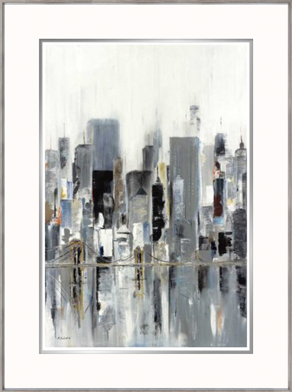 City Bridge wall art featuring a city skyline in gray and white tones with a bridge
