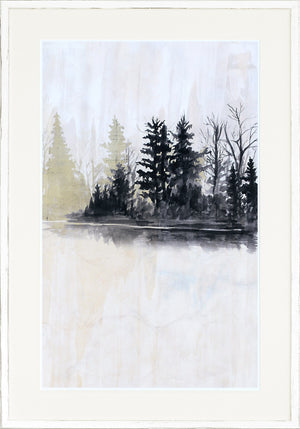 Pine Island I wall art featuring a serene landscape with dark trees and soft hues.