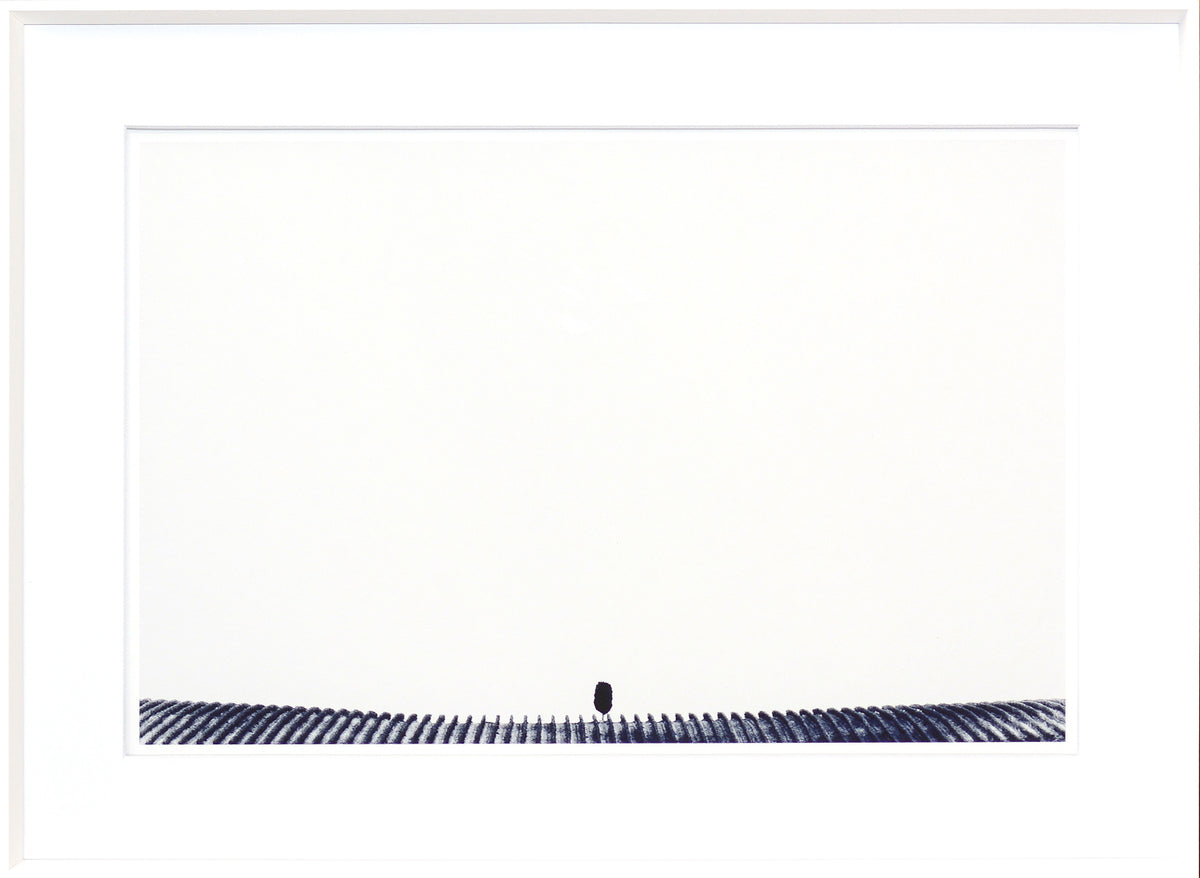 Indigo Landscape Series I wall art featuring a minimalist design with a dark shape on a white background.