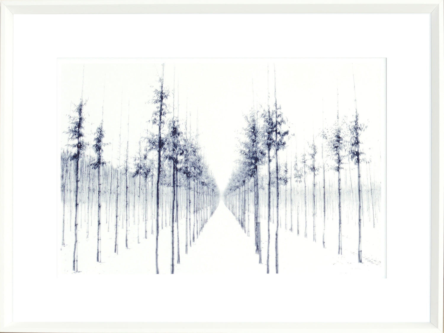 Indigo Landscape Series IV wall art featuring a serene tree-lined path in blue and white tones.