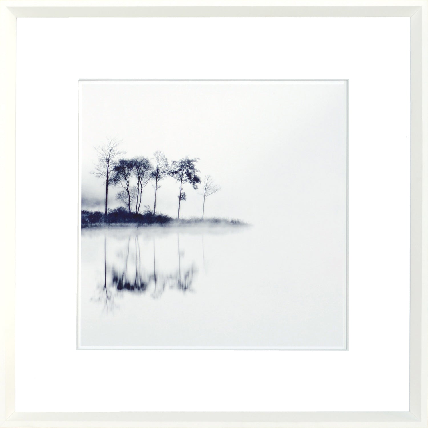 Indigo Landscape Series IX wall art featuring a serene lake reflection with trees in shades of blue and white.