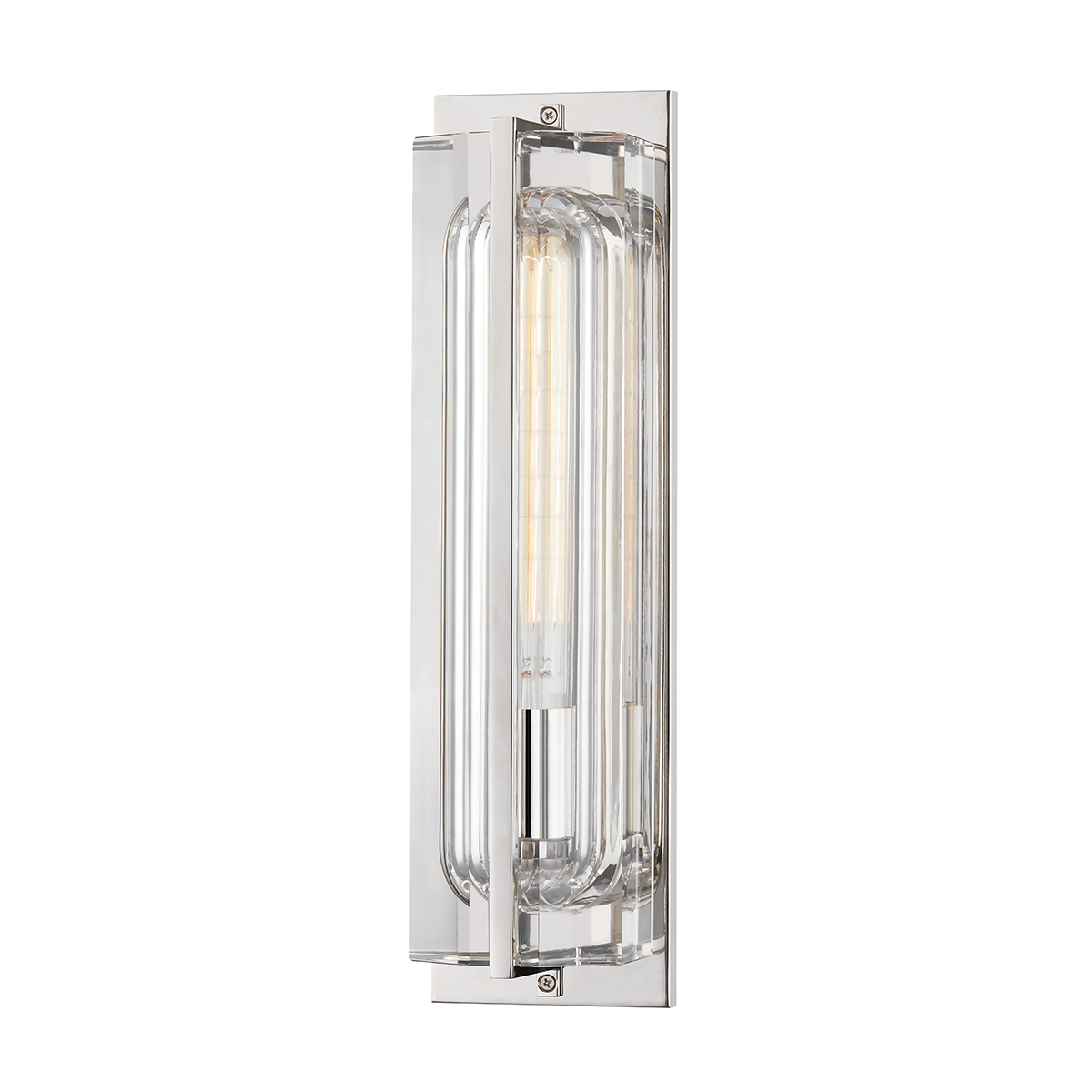 Hawkins Wall Sconce in polished nickel shown from the front to reveal the arm curve and shade silhouette.