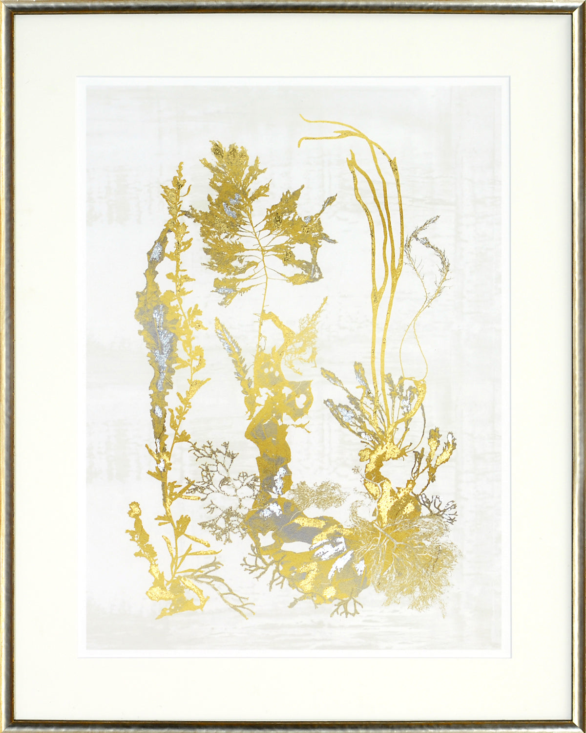 Pressed Seaweed – Gild II wall art featuring gold and silver seaweed designs on a light background.