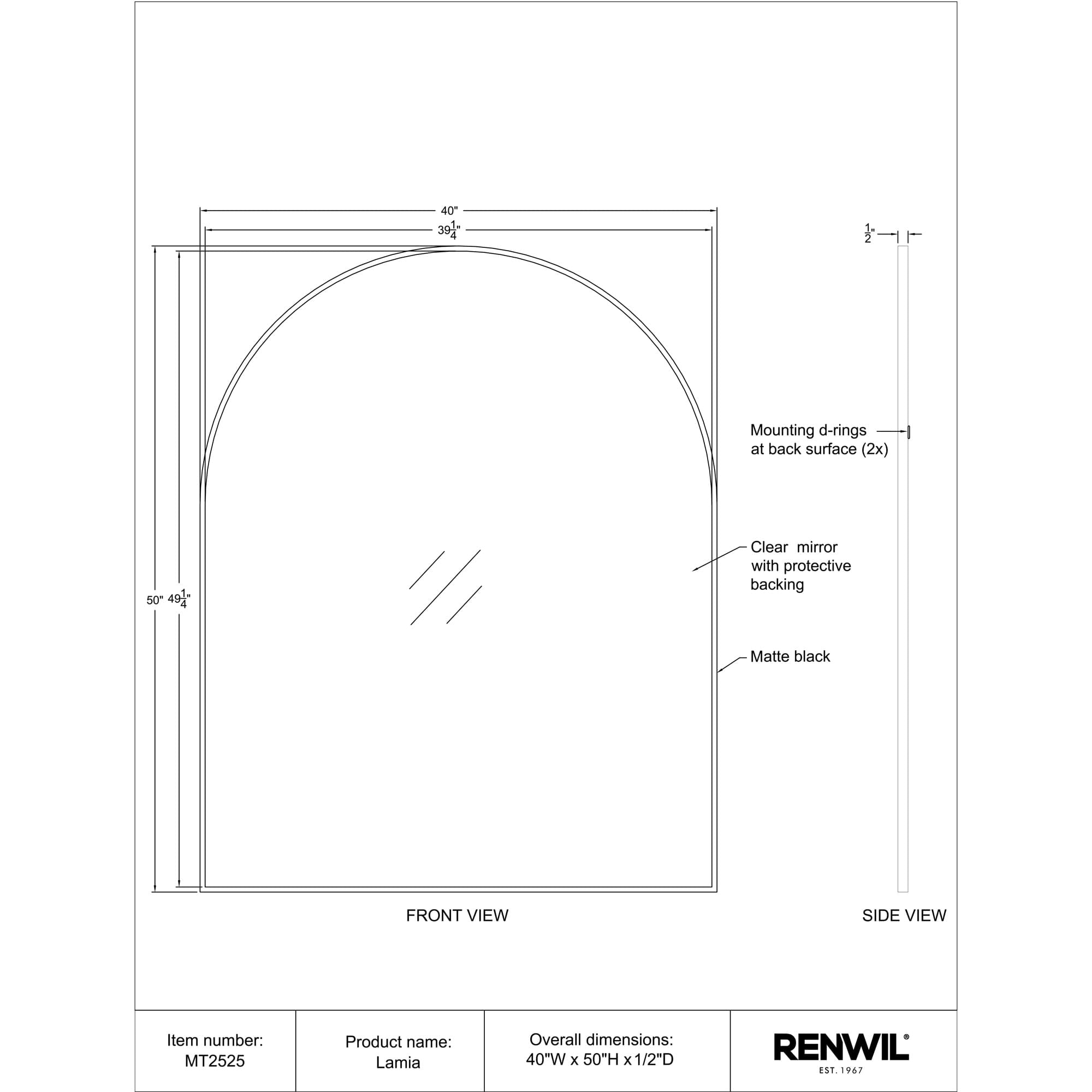 Diagram of the Lamia mirror with dimensions and details about its features.