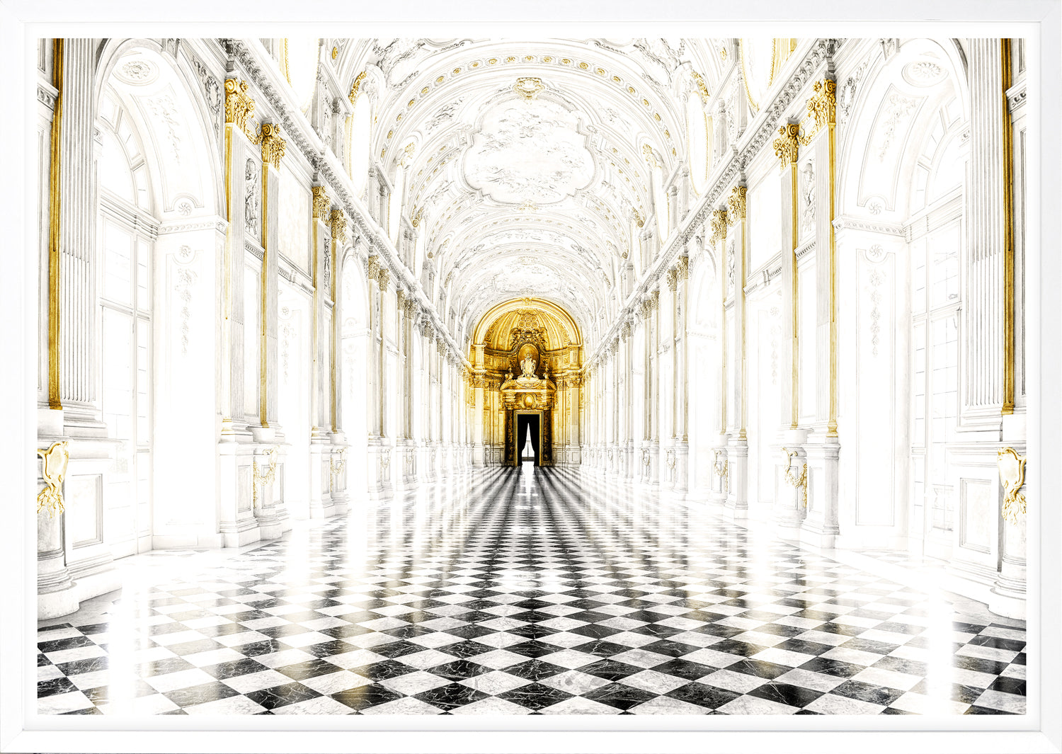 Venaria, Italy – Diana Gallery wall art featuring a grand hall with golden accents and checkered floor.