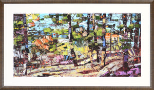 In The Woods wall art featuring colorful abstract trees and foliage in a framed design.