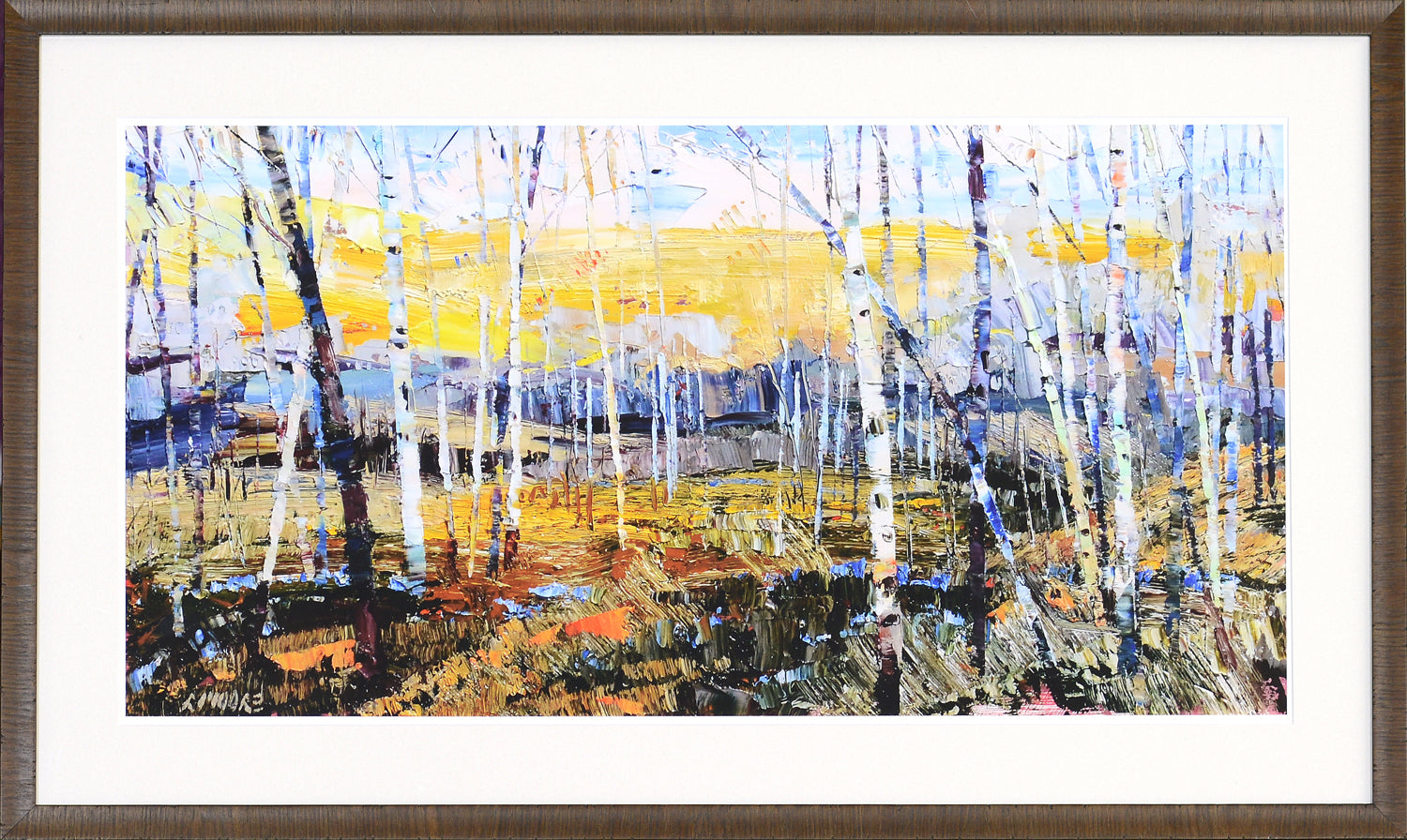 Varience wall art featuring a colorful landscape with birch trees and a vibrant sky.