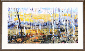 Varience wall art featuring a colorful landscape with birch trees and a vibrant sky.