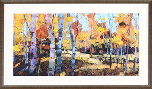 Cools Of Autumn wall art featuring vibrant autumn colors, textured brush strokes, and birch trees.