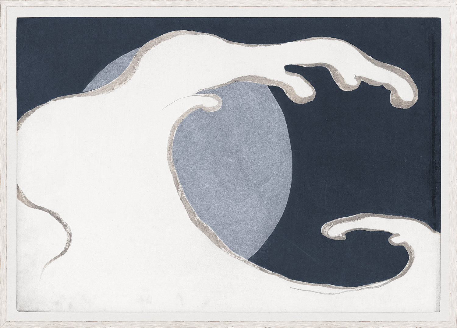 Woodcut – High Wave, 1909 wall art featuring a stylized wave and moon in dark colors.