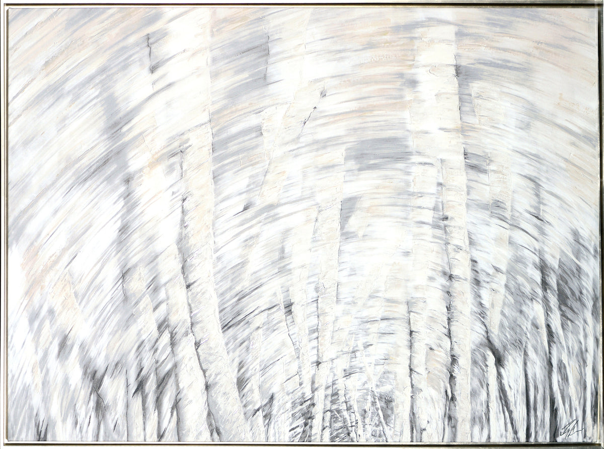 Static Motion wall art featuring abstract grey and white brush strokes with a textured finish.