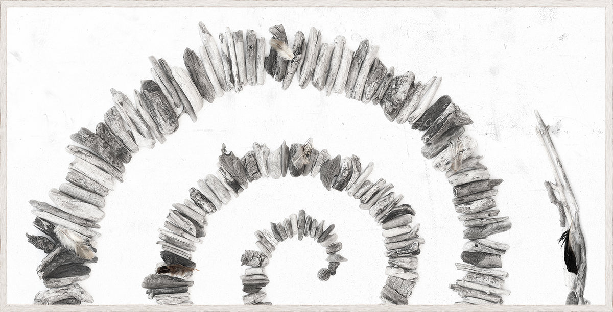 Driftwood Rainbow – Right wall art featuring layered driftwood pieces in shades of gray.