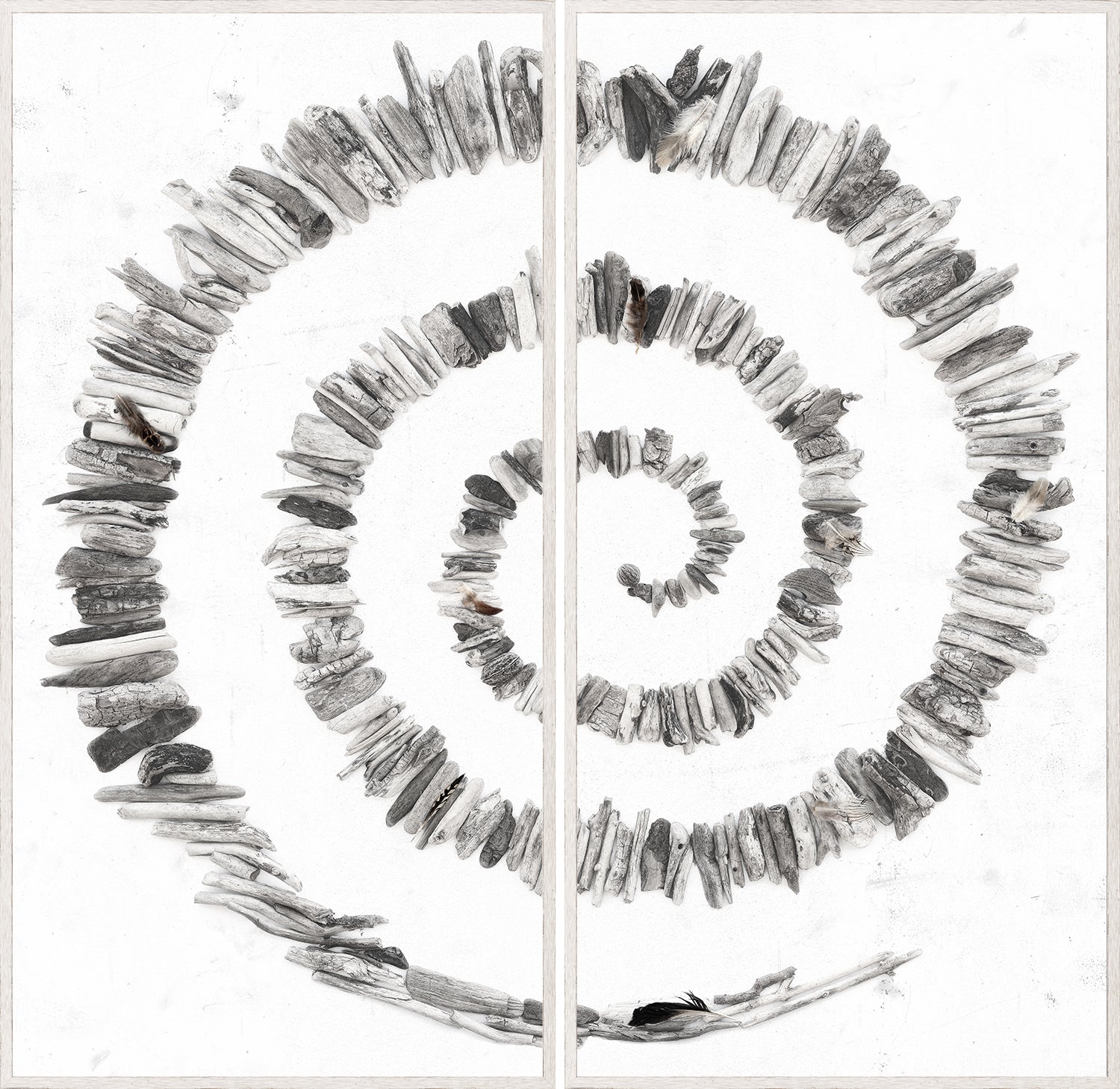Driftwood Around – Diptych wall art featuring a spiral design made of driftwood pieces on a white background.
