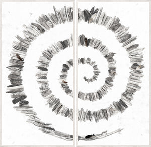 Driftwood Around – Diptych wall art featuring a spiral design made of driftwood pieces on a white background.