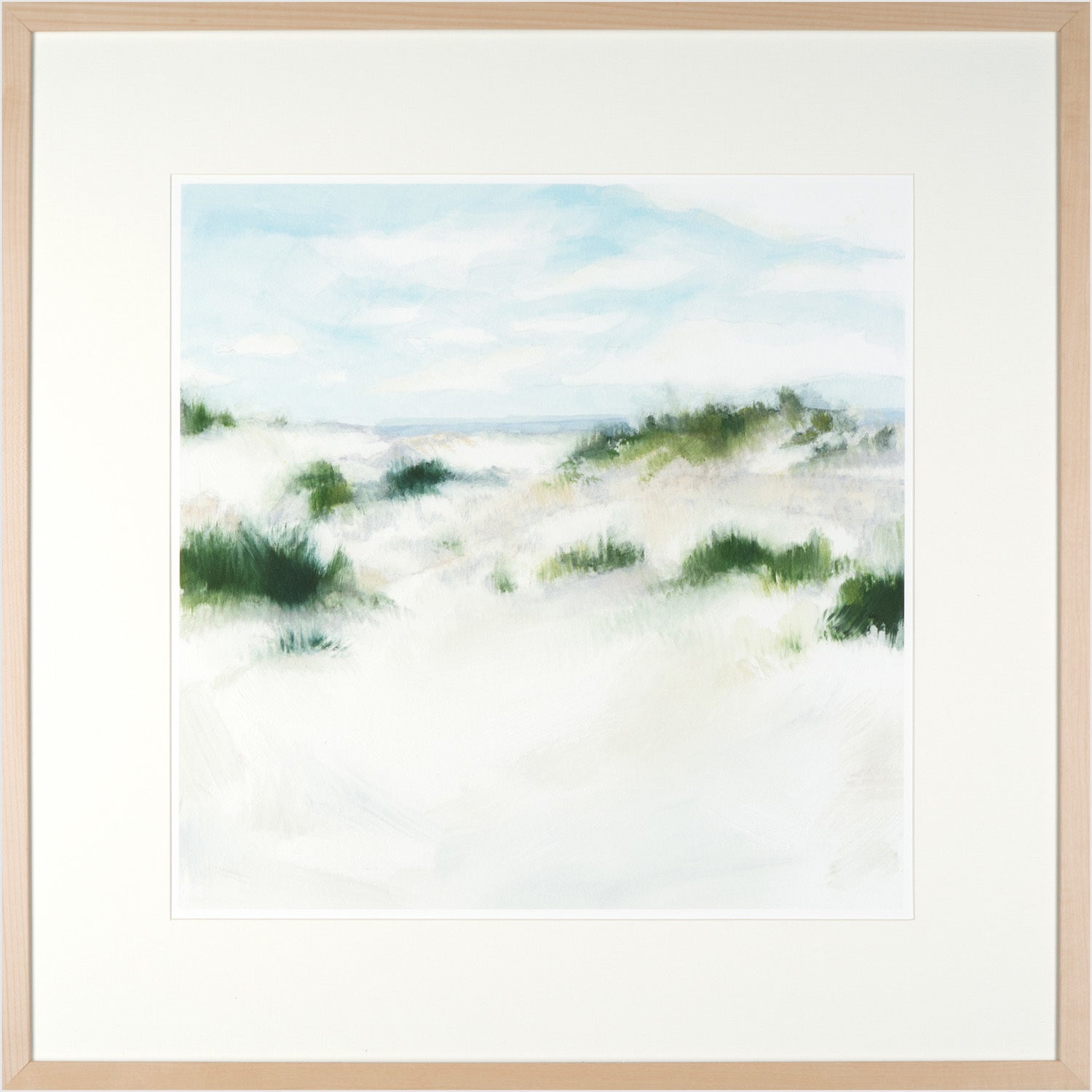 White Sands I wall art featuring a soft landscape with blue sky and green dunes