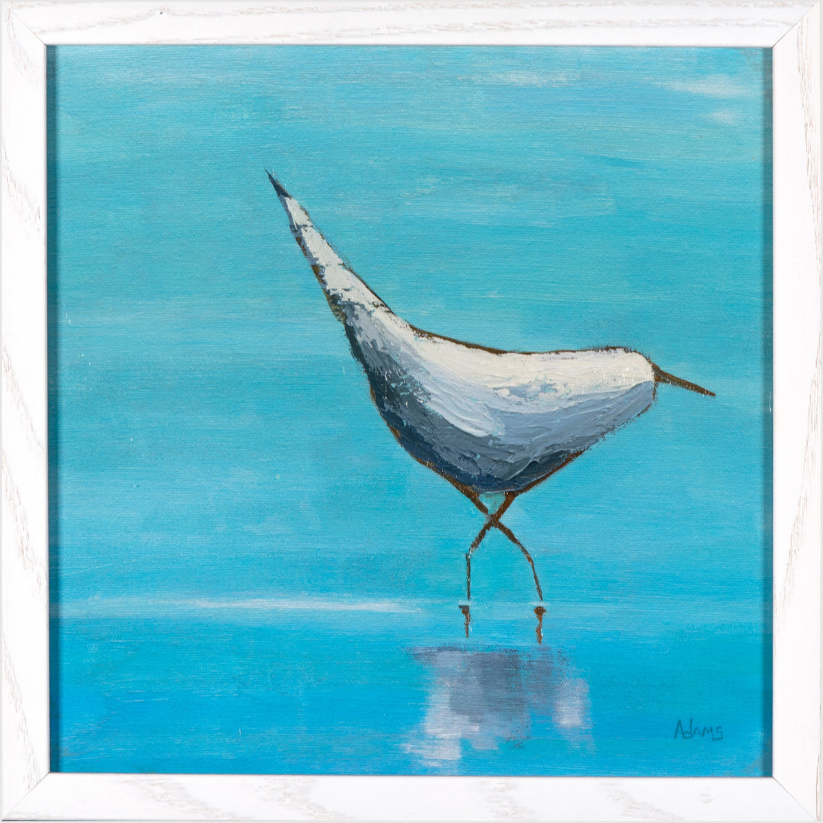 Egret I wall art featuring a white egret on a blue background, framed in white.
