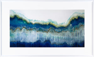 Surfs Up wall art featuring abstract ocean waves in blue and green tones with a white background.