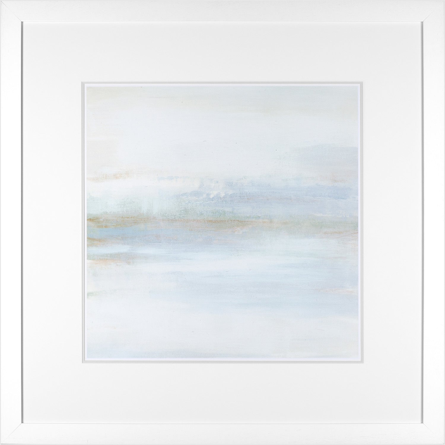 Cape Horizon I wall art featuring soft blue and white abstract design in a white frame.