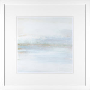 Cape Horizon I wall art featuring soft blue and white abstract design in a white frame.